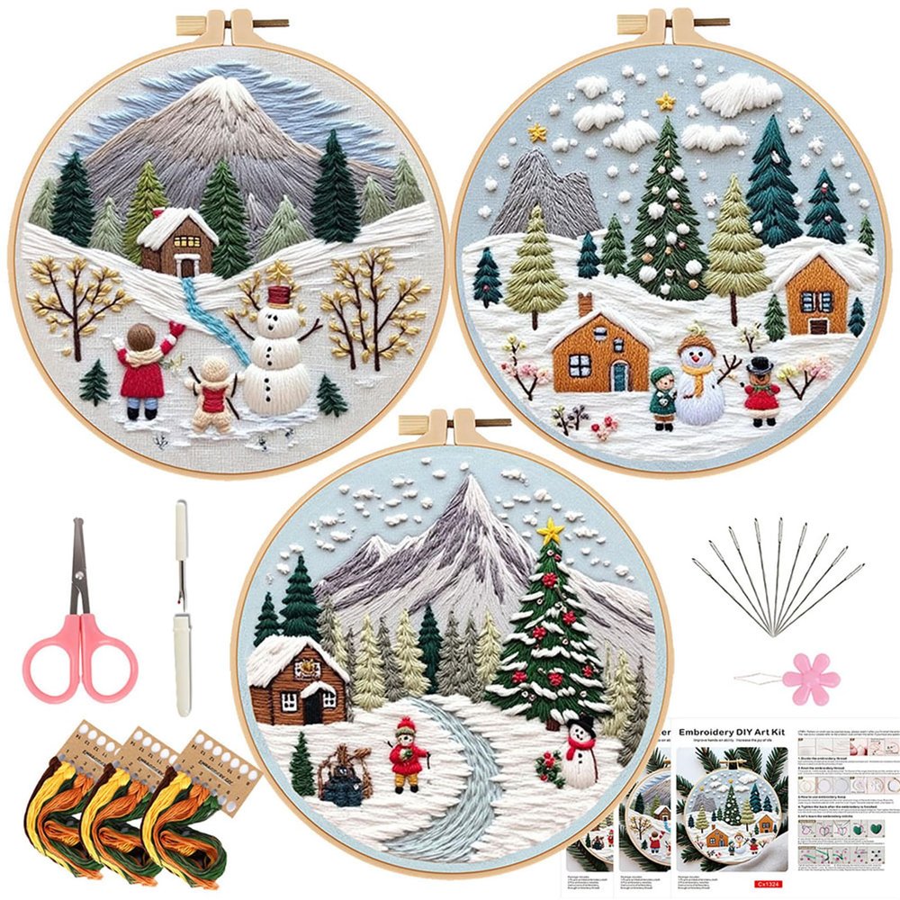 LB Christmas Embroidery Kit for Beginners Adults, 3 Sets Hand Embroidery Starter Kit with Mountain Pattern and Instructions Stamped Cross Stitch Kits Include Embroidery Hoop Needles Threads Scissors