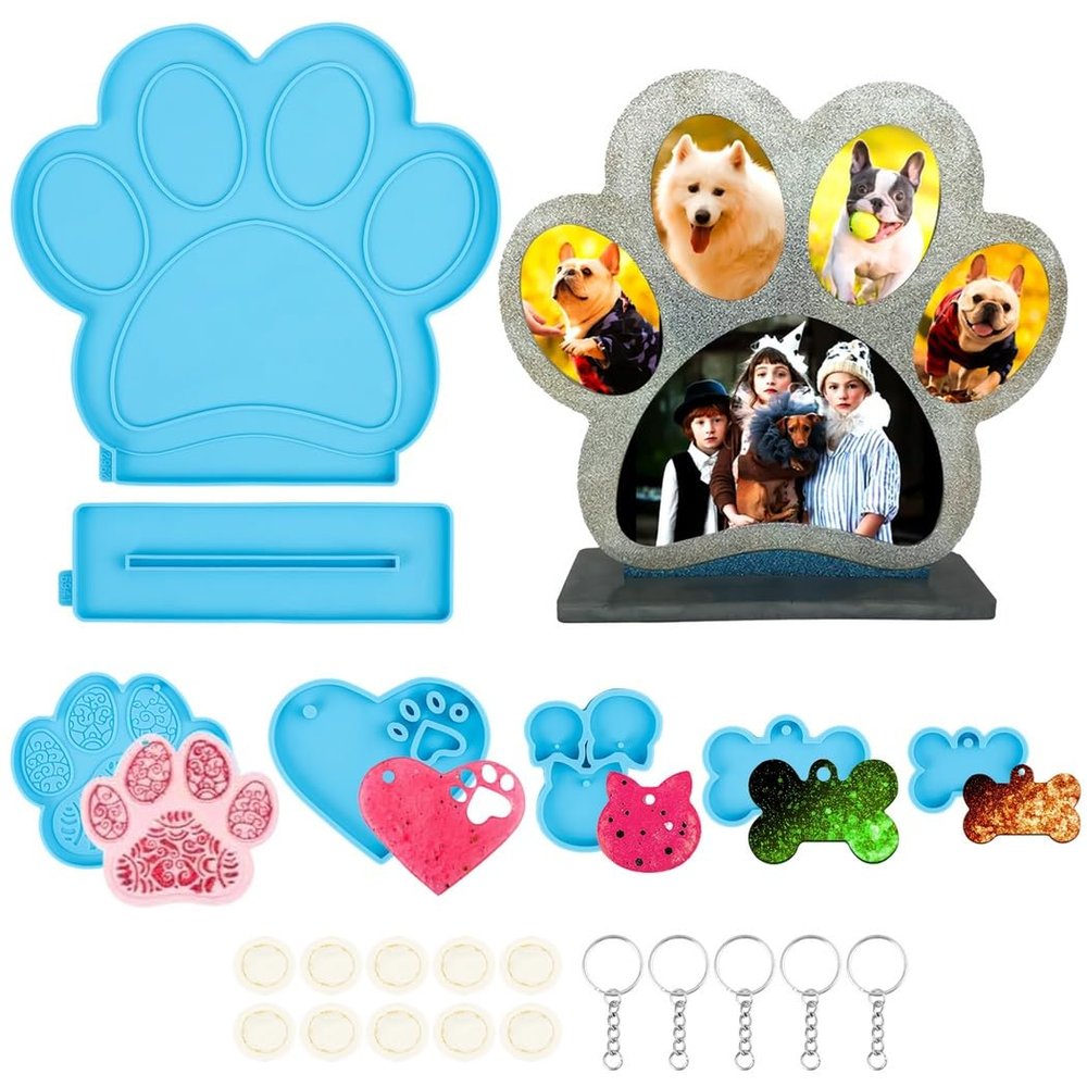 Dog Photo Fame Mold Kit, Keychain Silicone Mold Kit, Dog Tag Pendant Casting Molds With Finger Gloves And Keyrings, Dog Paw Bone Heart-Shaped Silicone Resin Molds For Diy