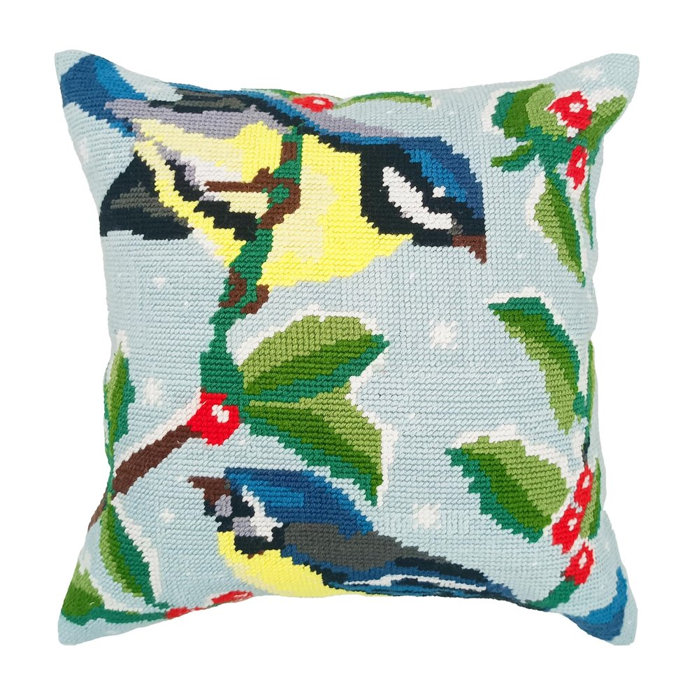 Howie's Needlepoint Needlepoint Kits for Adults, Pillow Front Cross Stitch Kit with Embroidery Pattern on Canvas, Yarn, 2 Needles and Instruction, 16 x 16inch(Blue Tits in the Winter)