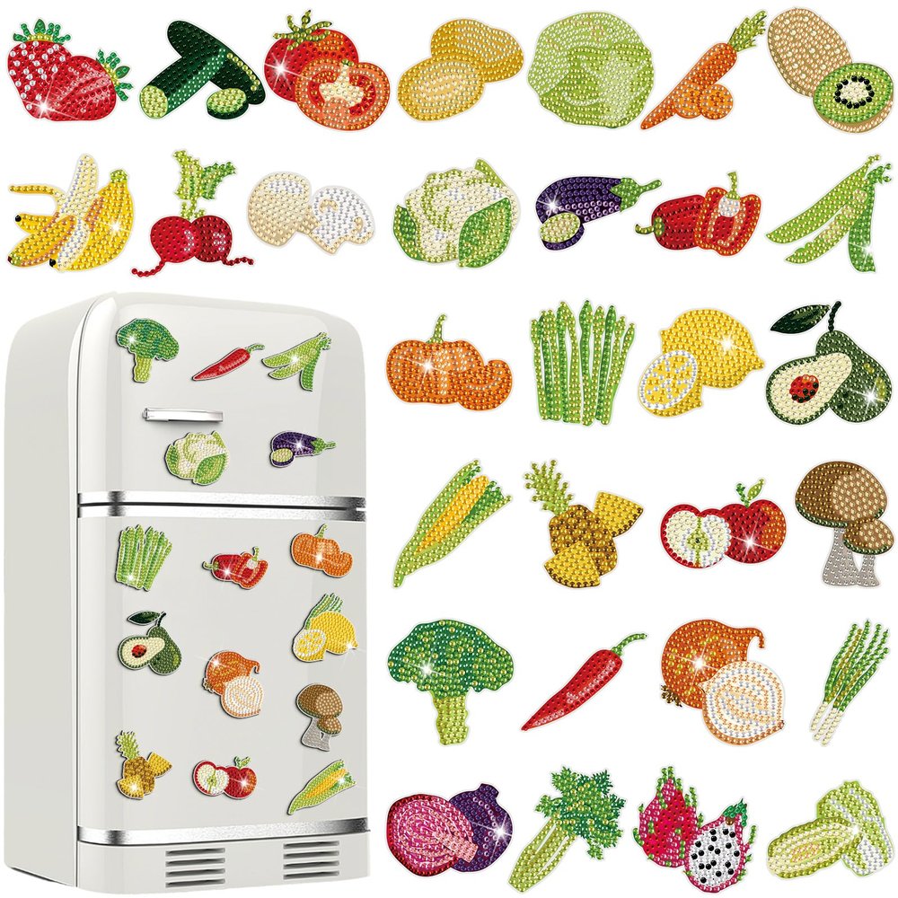 30 Pcs Diamond Art Painting Magnets Kits Vegetables Magnetic Fridge Diamond Art Painting Kits Cute Small Fridge Magnet 5d Round Full Drill Gem DIY Craft Paint by Dots for Adult Beginner Gifts Home