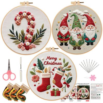 LB Cute Christmas Embroidery Kit for Beginners Adults, 3 Sets Hand Embroidery Starter Kit with Gnome Pattern and Instructions Stamped Cross Stitch Kits Include Embroidery Hoop Needles Threads Scissors