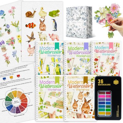 5Pcs Watercolor Workbook, Beginner Friendly Watercolor Workbook with Step by Step for Adults with 36 Colors Paint, Watercolor Paper, Watercolor Painting Kit, Beginner-Friendly Water Coloring Book