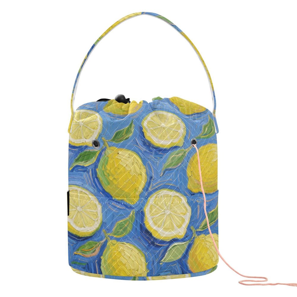 Lemon Fruit Blue Art Painting Crochet Bag with Holes Crochet Yarn Organizer for Needle Holder bolso para Crochet