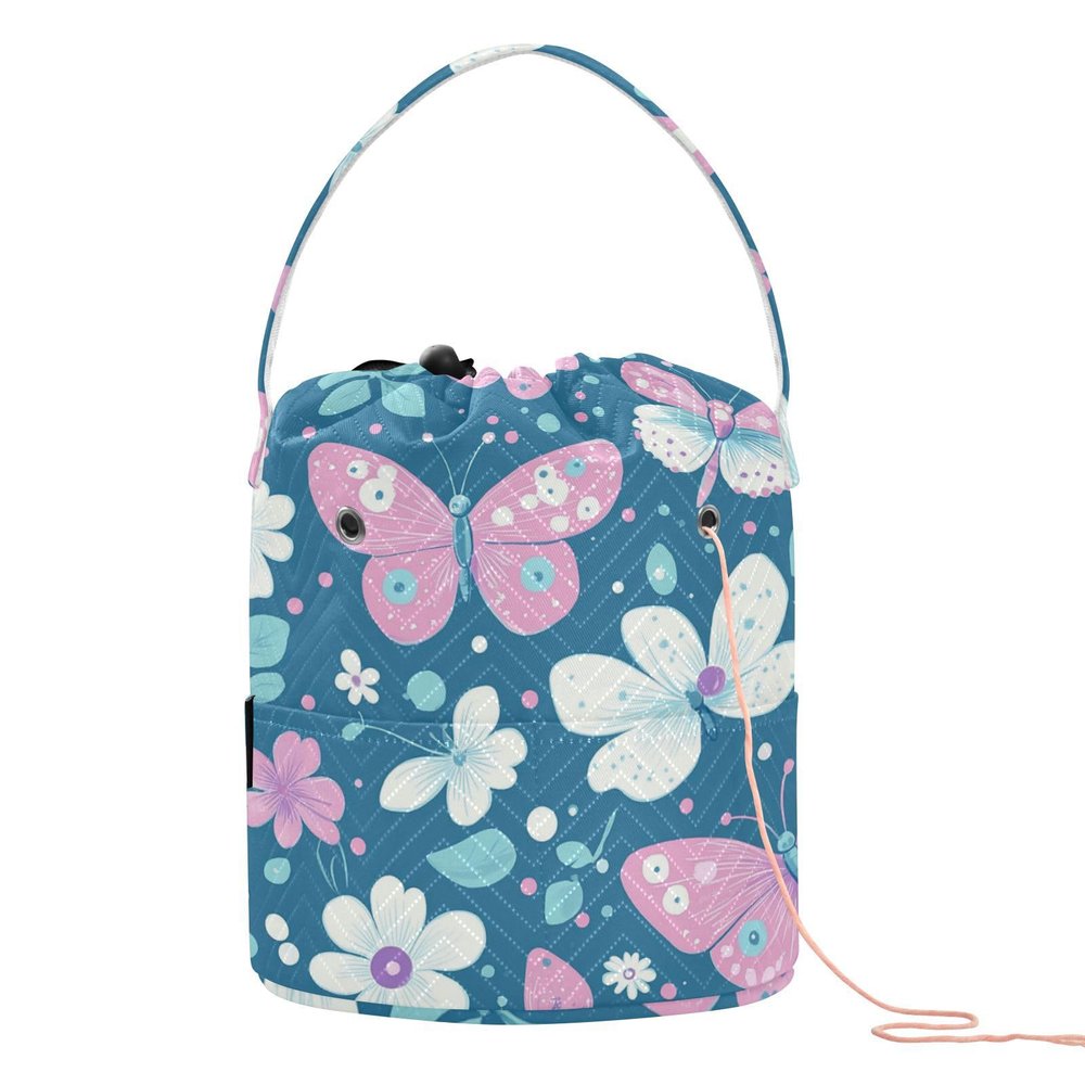 Blue Spring Pastel Flowers Crochet Tote Bag Portable Yarn Organizer Bag for Art Supply bolsas para Crochet