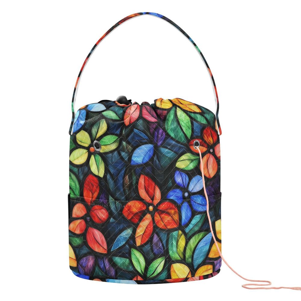 Colored Glass Flowers Crochet Tote with Holes Yarn Project Bag for Knitting Kit Hilo de Crochet para tejer