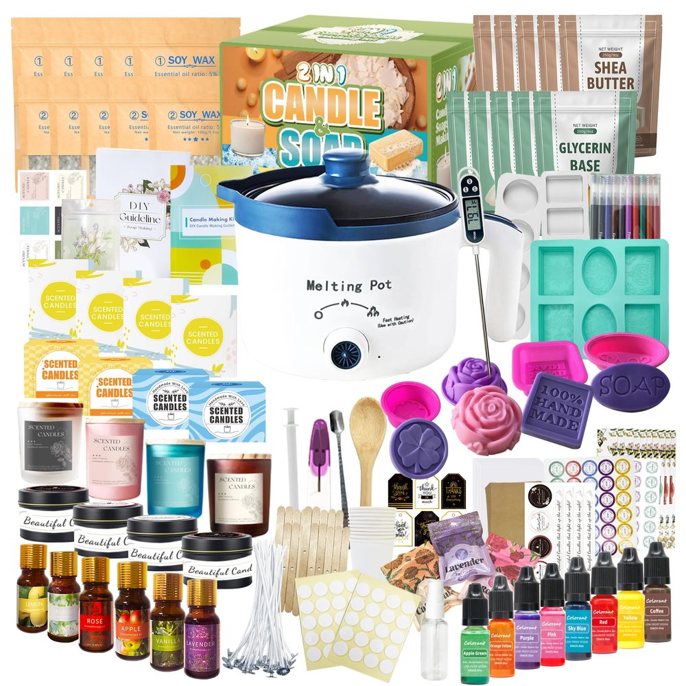 PIUH Deluxe DIY 2-in-1 Candle & Soap Making Supplies Kit with Wax Soap Melter and Candle Making Supplies for Adults Beginners, Complete Candle Soap Making Craft Kits with Melting Pot and Supplies