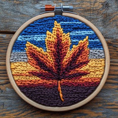 Punch Needle Kits Autumn Maple Leaf with Sunset Easy for Beginners DIY Embroidery Starter Set with Hoop Stress Relief Craft Hobby and Home Decor 20x20cm-3