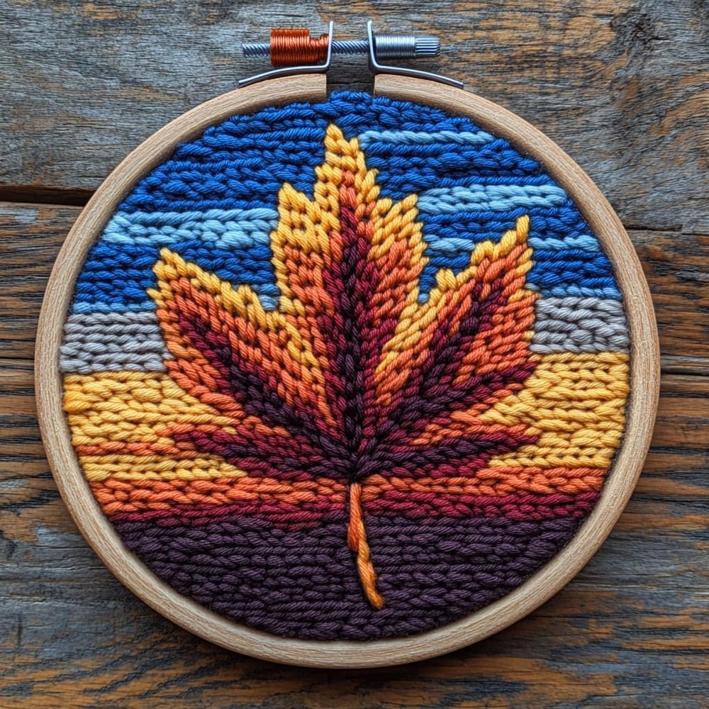 Punch Needle Kits Autumn Maple Leaf with Sunset Easy for Beginners DIY Embroidery Starter Set with Hoop Stress Relief Craft Hobby and Home Decor 20x20cm-3