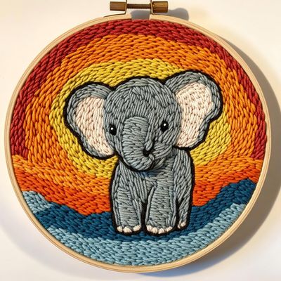 Punch Needle Kits Cute Grey Elephant with Sunset Easy for Beginners DIY Embroidery Starter Set with Hoop Stress Relief Craft Hobby and Home Decor 20x20cm-6