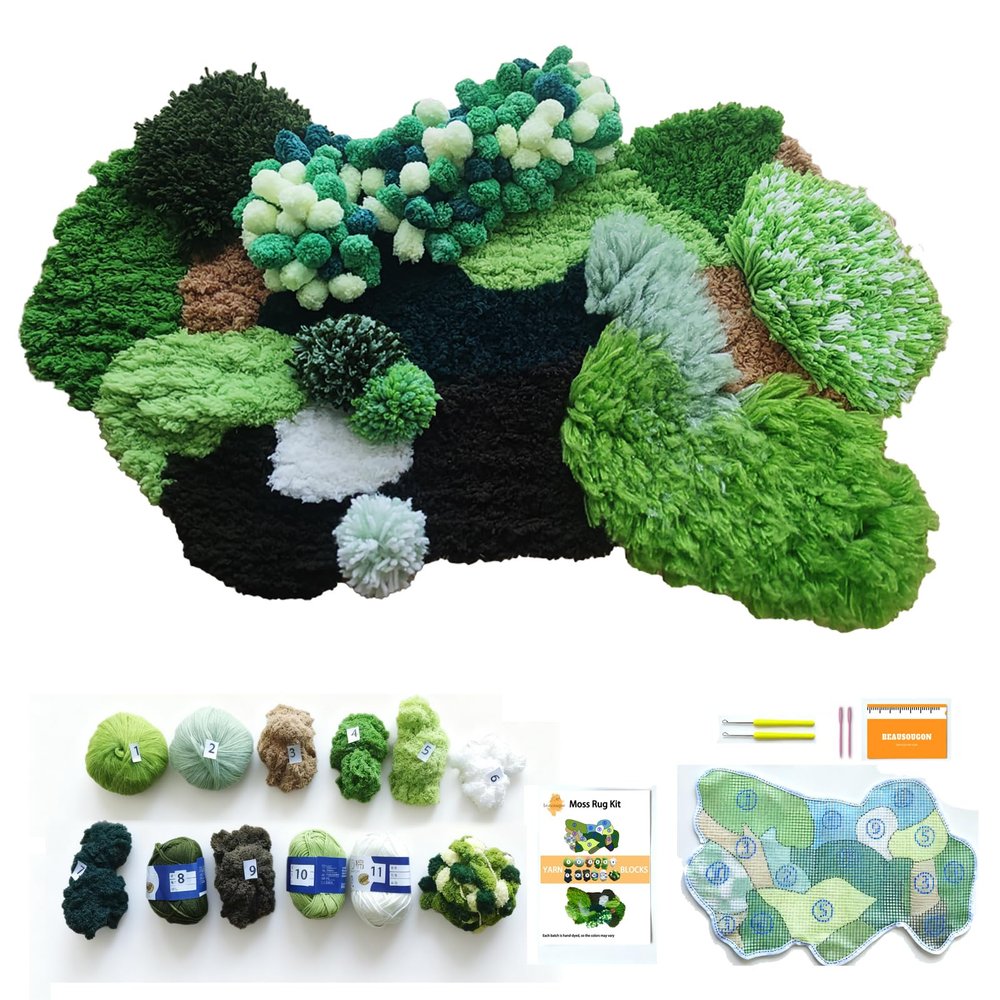 beausougon DIY Latch Hook Kit for Adults, Creative Rug Making Craft Kit, 3D Moss Design Mat Crochet Flower with Punch Needle Tools30 * 20"