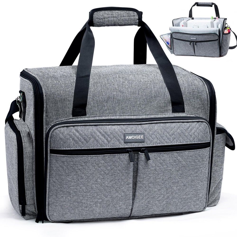 AMOIGEE Full-Open Sewing Machine Case, Large Sewing Machine Storage Bag for Travel - Heavy-Duty Embroidery Tote for Brother Singer Janome Standard Machines Holder with Pocket for Accessories and Tools