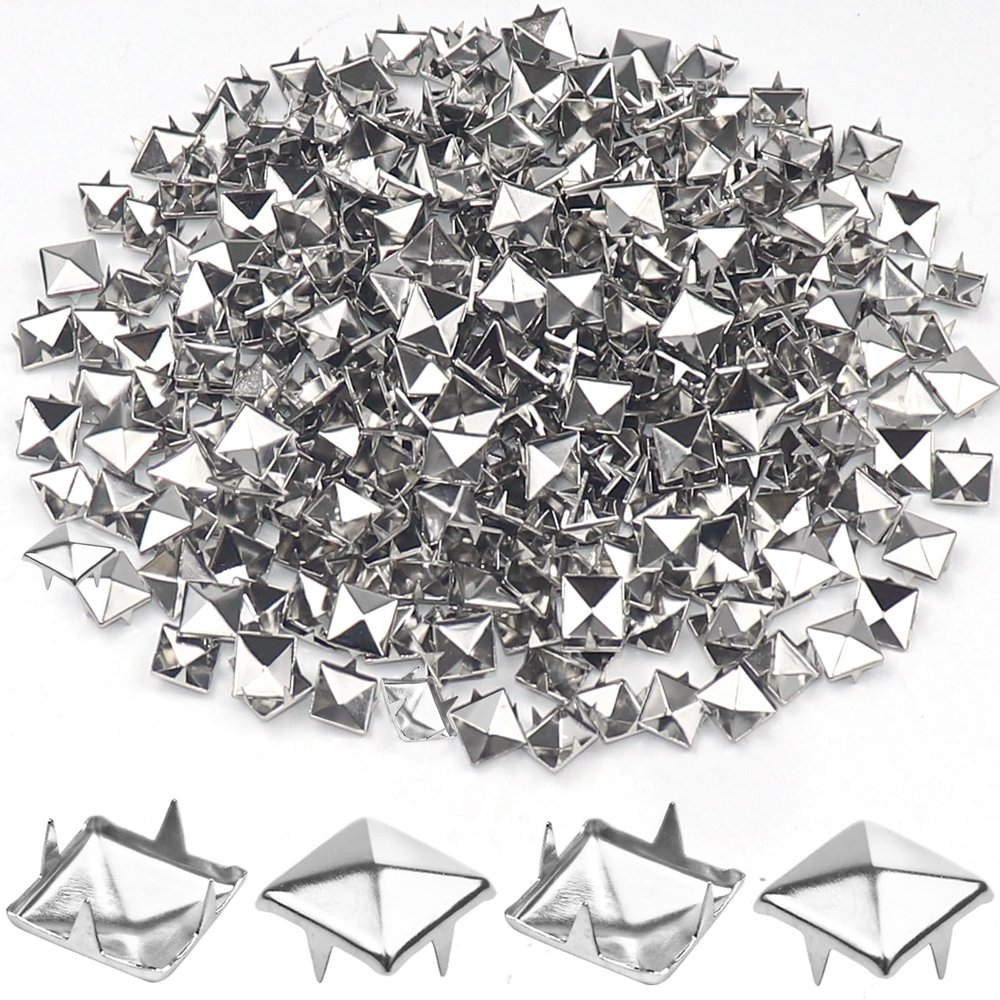 500 Pcs 10mm Studs for Clothing,Metal Studs Four-jaw Square Spikes for Punk Rock Clothing Leather Craft DIY Jackets Bags Belts and Dog Collars(Silver)