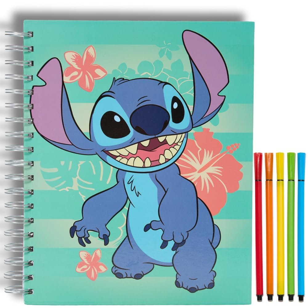 Disney Stitch Sketchbook for Kids with Washable Markers, 86 Blank Pages Spiral Bound, Turquoise