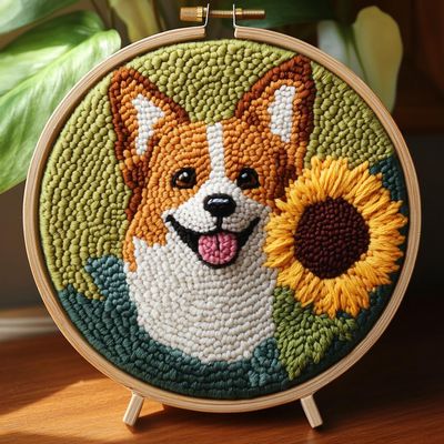 Punch Needle Kits Corgi Dog and Sunflower Easy for Beginners DIY Embroidery Starter Set with Hoop Stress Relief Craft Hobby and Home Decor 20x20cm-2