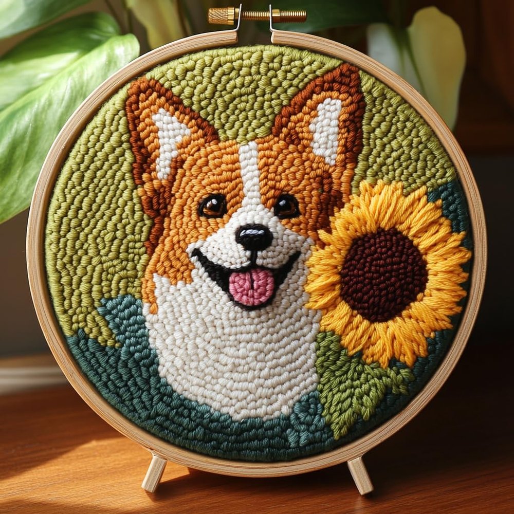 Punch Needle Kits Corgi Dog and Sunflower Easy for Beginners DIY Embroidery Starter Set with Hoop Stress Relief Craft Hobby and Home Decor 20x20cm-2