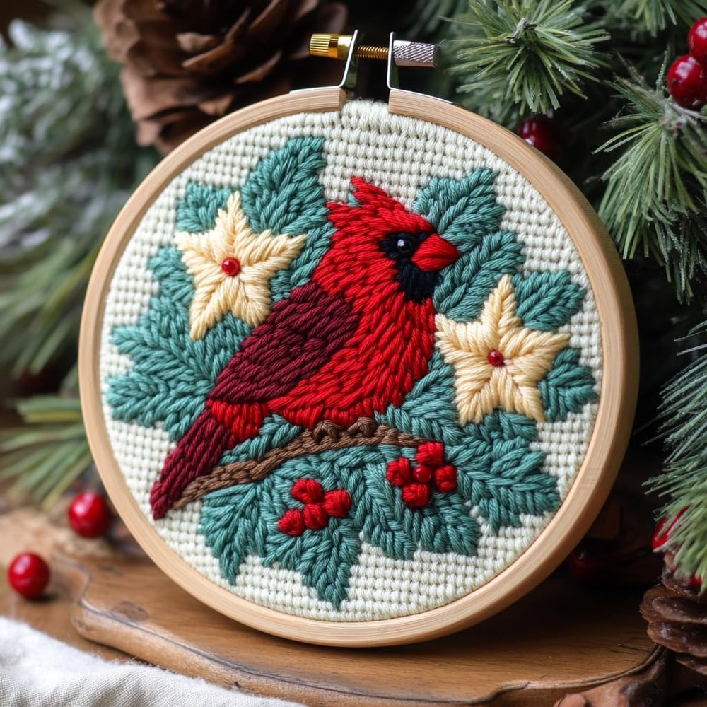 Punch Needle Kits Christmas Flowers and Cardinal Easy for Beginners DIY Embroidery Starter Set with Hoop Stress Relief Craft Hobby and Home Decor 20x20cm-5