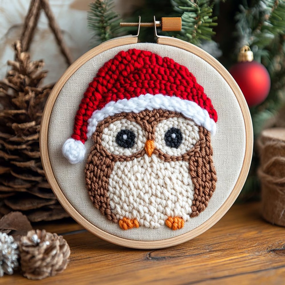 Punch Needle Kits Owl Wear Christmas Hat Easy for Beginners DIY Embroidery Starter Set with Hoop Stress Relief Craft Hobby and Home Decor 20x20cm-4