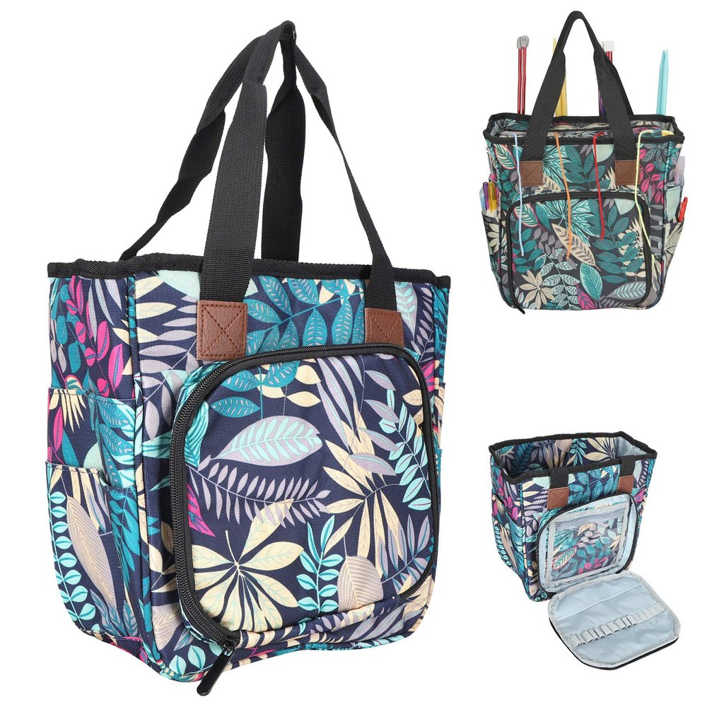 FLEXMAN Large Crochet Bag Knitting Bags, 600D Oxford Cloth Multi Pocket Yarn Storage Organizer Travel Crochet Bag, Traveling Crochet Bags Yarn Bag for Carrying Projects, Knitting (Blue Leaves)