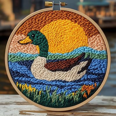 Punch Needle Kits Mallard with Sunset Easy for Beginners DIY Embroidery Starter Set with Hoop Stress Relief Craft Hobby and Home Decor 20x20cm-1