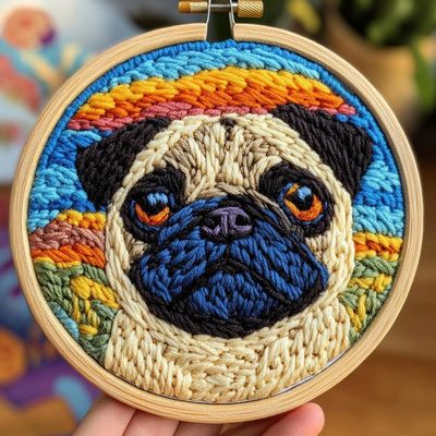 Punch Needle Kits Pug Dog with Sunset Easy for Beginners DIY Embroidery Starter Set with Hoop Stress Relief Craft Hobby and Home Decor 20x20cm-1