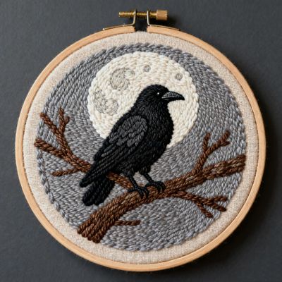 DIY Punch Needle Kits Raven Crow on Branch Moon Easy for Beginners Embroidery Starter Set with Hoop Stress Relief Craft Hobby and Home Decor 20x20cm-2