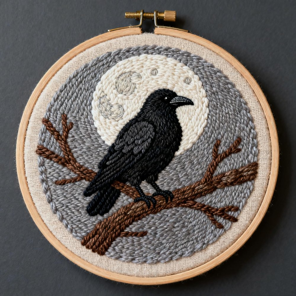 DIY Punch Needle Kits Raven Crow on Branch Moon Easy for Beginners Embroidery Starter Set with Hoop Stress Relief Craft Hobby and Home Decor 20x20cm-2