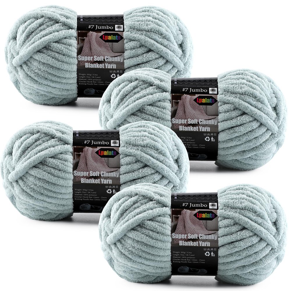 4-Pack Chunky Yarn for Crocheting Blankets & Big Projects - 14oz/152.8yd Total, Ultra Soft & Bulky Chenille Yarn, Perfect for Blankets, Amigurumi, Light Gray