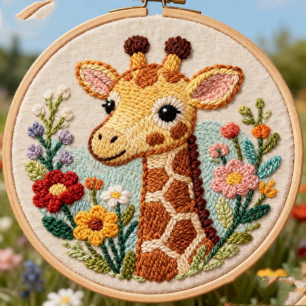 DIY Punch Needle Kits Giraffe in Flowers Easy for Beginners Embroidery Starter Set with Hoop Stress Relief Craft Hobby and Home Decor 20x20cm