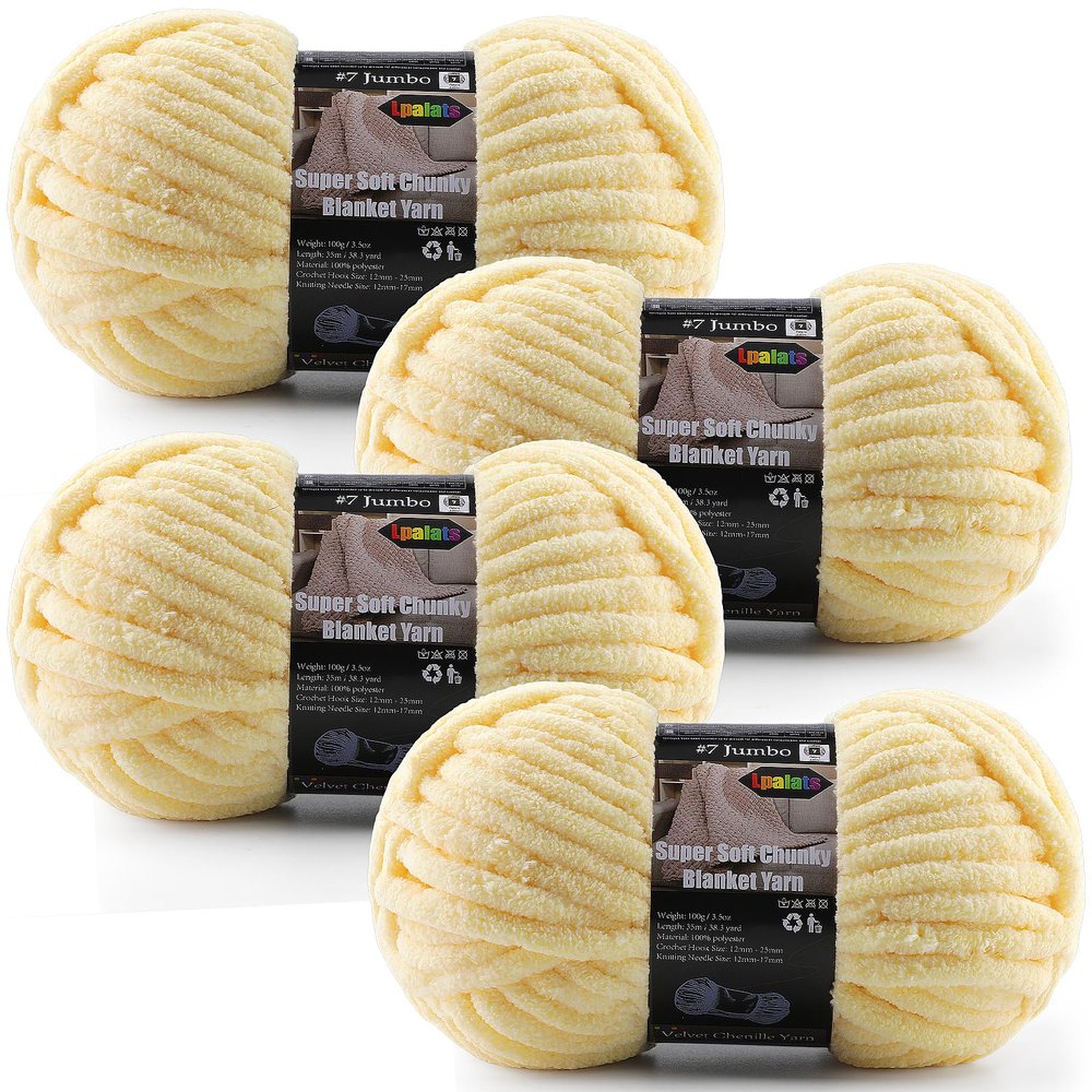 4-Pack Chunky Yarn for Crocheting Blankets & Big Projects - 14oz/152.8yd Total, Ultra Soft & Bulky Chenille Yarn, Perfect for Blankets, Amigurumi, Soft Yellow