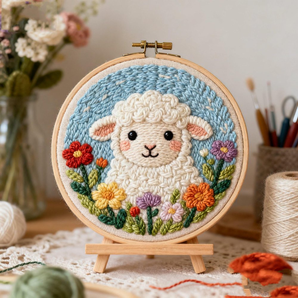 DIY Punch Needle Kits White Sheep in Flowers Easy for Beginners Embroidery Starter Set with Hoop Stress Relief Craft Hobby and Home Decor 20x20cm