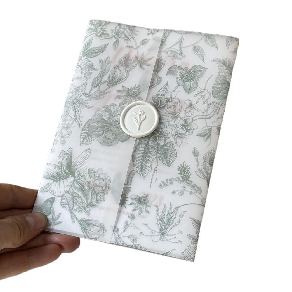 Pre-Folded Vellum Jackets Blue Green Pink Flower Vellum Paper Suitable for 5 X 7 Wedding Invitation(Green,60pcs)