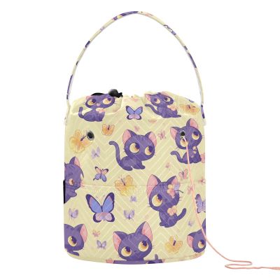 Cute Purple Cartoon Cat Crochet Bags with Holes Yarn Organizer for Art Supply gancho para tejer