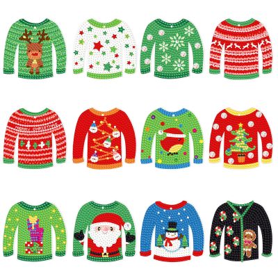 12 Pcs Small Diamond Art Painting Gift Tags Sweater Christmas Tree Hanging Ornaments Diamond Dots 5D DIY Kits Bead Gem Rhinestone Art Painting Hanging Decorations Home Holiday Christmas Party Decor
