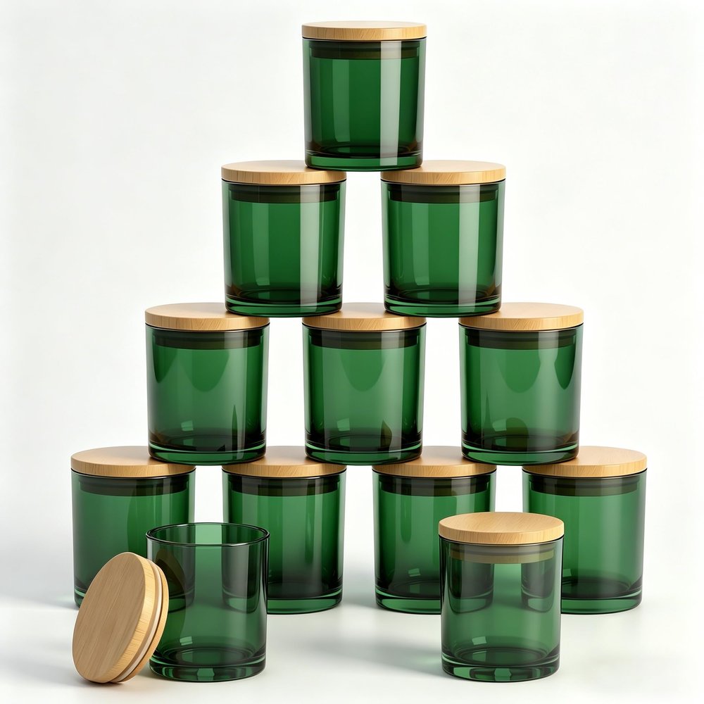 GLATABAM 10 OZ Candle Jars 12 Pack - Bulk Glass Candle Making Jars with Bamboo Lids & Labels, Heat Resistant Empty Reusable Candle Vessel for Containers(Green)