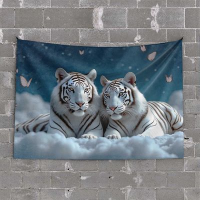 BDIS Man Cave Decor And Accessories Two White Tigers In The Sky With Butterflies Tapestry Tapestry For Men Tapestries Room Decor(75X100CM)