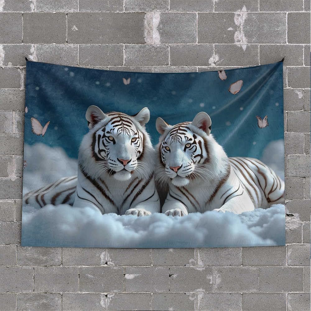 BDIS Man Cave Decor And Accessories Two White Tigers In The Sky With Butterflies Tapestry Tapestry For Men Tapestries Room Decor(75X100CM)