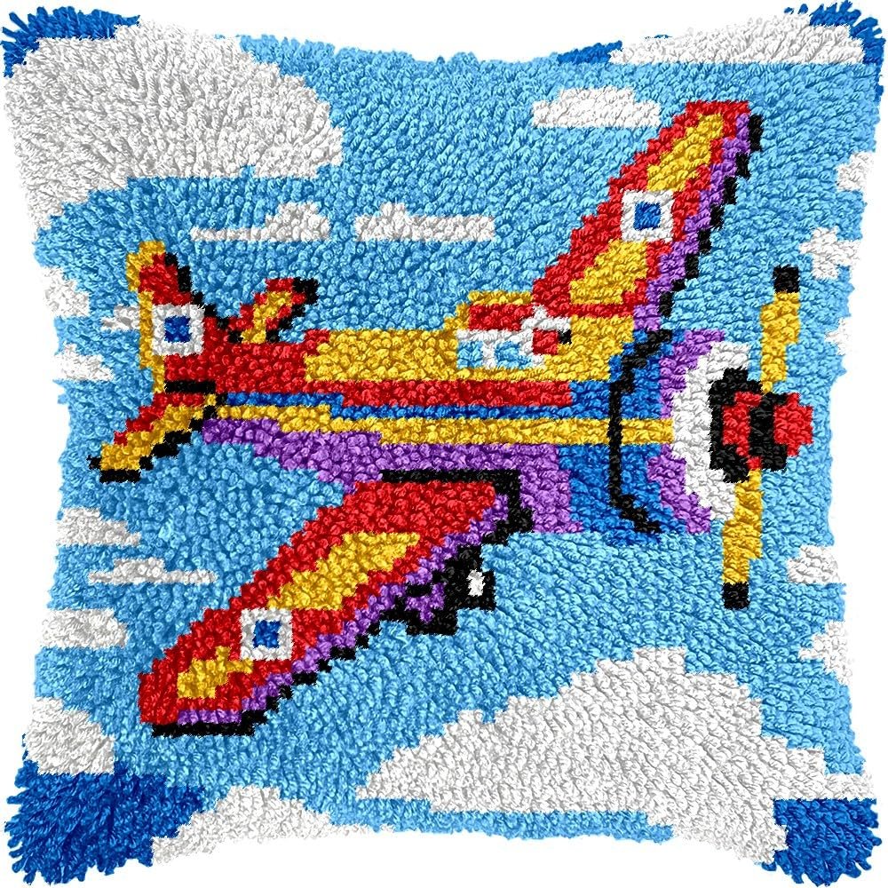 Airplane Latch Hook Pillow Kits Pillow Cover Latch Hooking Handmade Knitted Hooking Pillowcase Cushion Rug Making Crafts Embroidery Home Decor Set 17x17 inch(76)