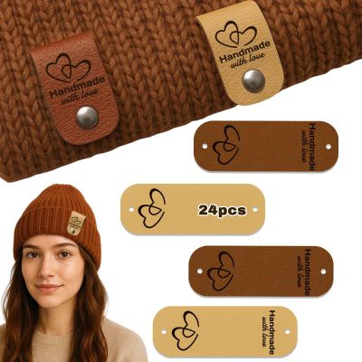 24pcs Handmade Tags for Crochet Handmade with Love Leather Tags for Handmade Items PU Leather Labels with Holes Suitable for Crafts Knitting Sewing Hats Clothing (Layout-D)