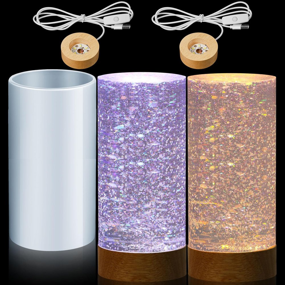 Honoson 3 Pieces Light Resin Silicone Mold Set, Includes 1 Resin Mold and 2 USB Powered Wooden Lighted Base Stands for DIY Table Candle Desktop Lamp Ornaments(3.54 x 6.3 Inches,Column)