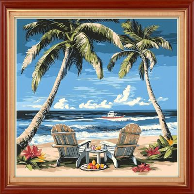 Joyhoor Stamped Cross Stitch Kits for Beginners Needlepoint Kits for Adults Embroidery Kits 11CT Counted Cross Stitch Kits Printed Embroidery Pattern-Drinking Tea Under Coconut Tree 18x18 inch