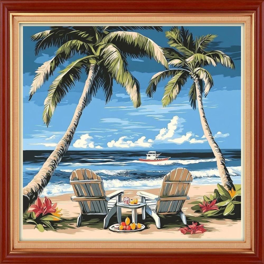 Joyhoor Stamped Cross Stitch Kits for Beginners Needlepoint Kits for Adults Embroidery Kits 11CT Counted Cross Stitch Kits Printed Embroidery Pattern-Drinking Tea Under Coconut Tree 18x18 inch