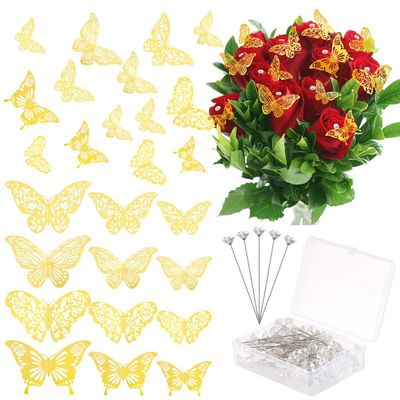 Tressify 48 Pcs 3D Gold Butterfly Wall Decors, 100 Pcs Bouquet Corsages Pins, Accessories For Floral Arrangement, 148 Pcs Decorations For Wedding Corsages, Party