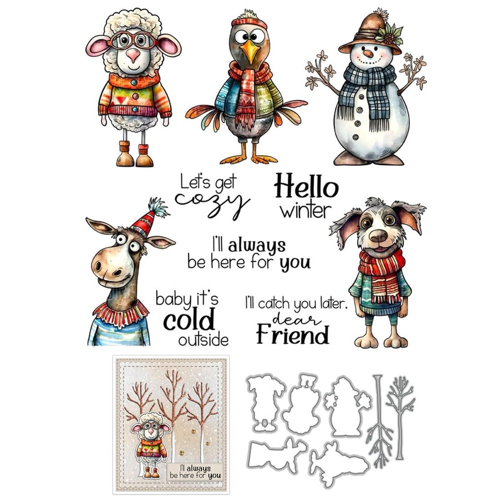 Christmas Animal Sheep Stamps and Cutting Dies for Card Making DIY Transparent Silicone Clear Stamp and Metal Die Cuts Sets for Scrapbooking Paper Greeting Cards Decor Seals Craft Supplies