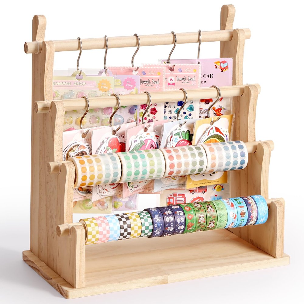 Caydo Washi Tape Organizer & Sticker Organizer, 4-Tier Wooden Display Rack for Craft Storage, Sticker Rolls, Ribbons & Bracelets for Sticker Collectors, Planner Enthusiasts, and Vendors