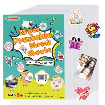 12 Pcs Printable Shrink Dink Sheets, A4 Semitransparent Shrink Plastic Paper for Inkjet Printer, Adults Kids DIY Keychain Making for Back-to-School, Valentine's&Mother's Day, Easter Ornaments & Gifts