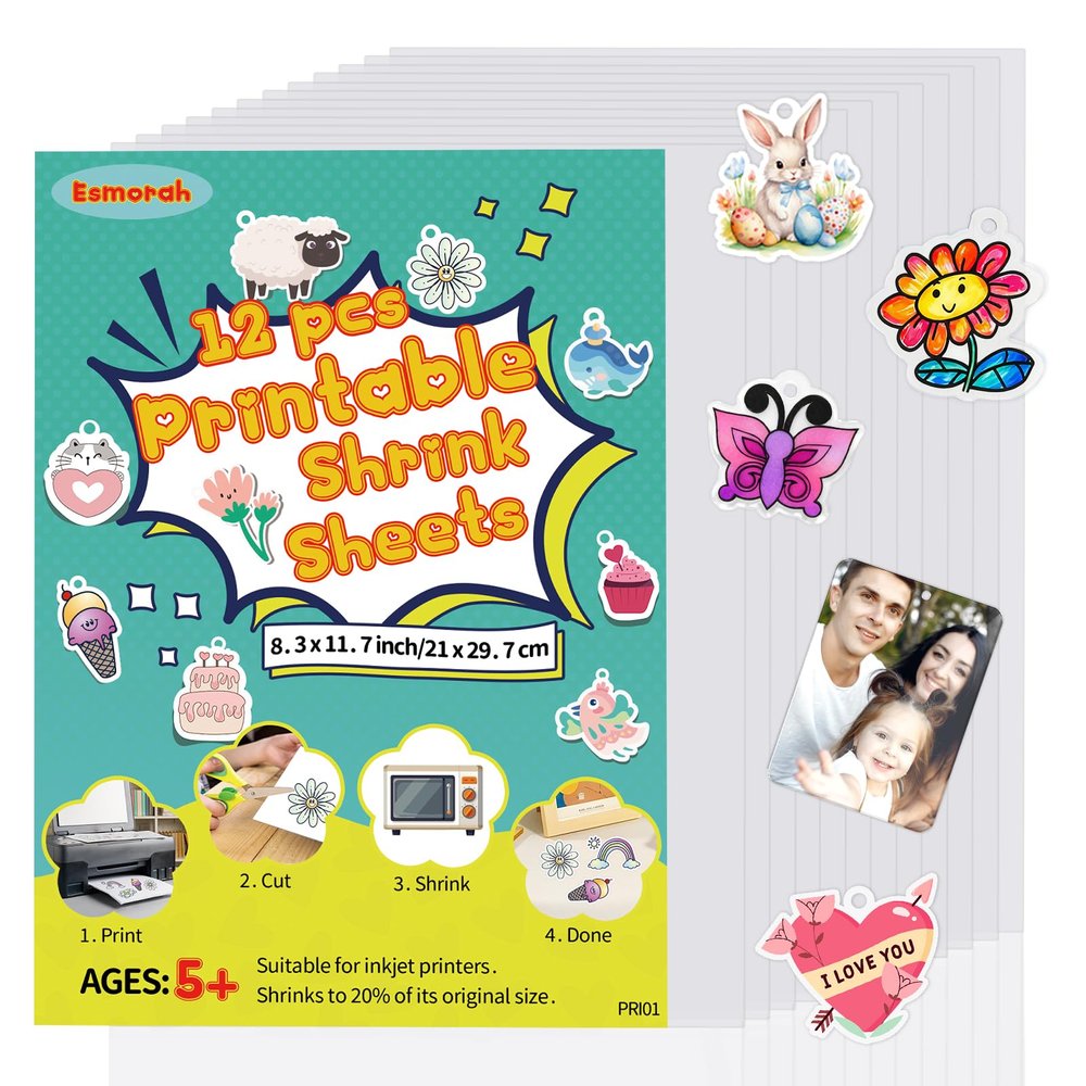 12 Pcs Printable Shrink Dink Sheets, A4 Semitransparent Shrink Plastic Paper for Inkjet Printer, Adults Kids DIY Keychain Making for Back-to-School, Valentine's&Mother's Day, Easter Ornaments & Gifts
