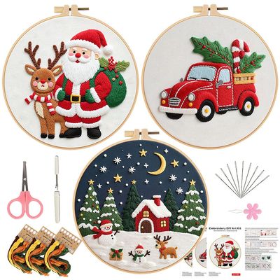 Christmas Cross Stitch Kits for Beginners, Hand Embroidery Kit for Adults, DIY Christmas Ornament Craft Set with Hoops, Colored Threads, Scissors, Needles & Step-by-Step Instructions (Mix-D-3pcs)