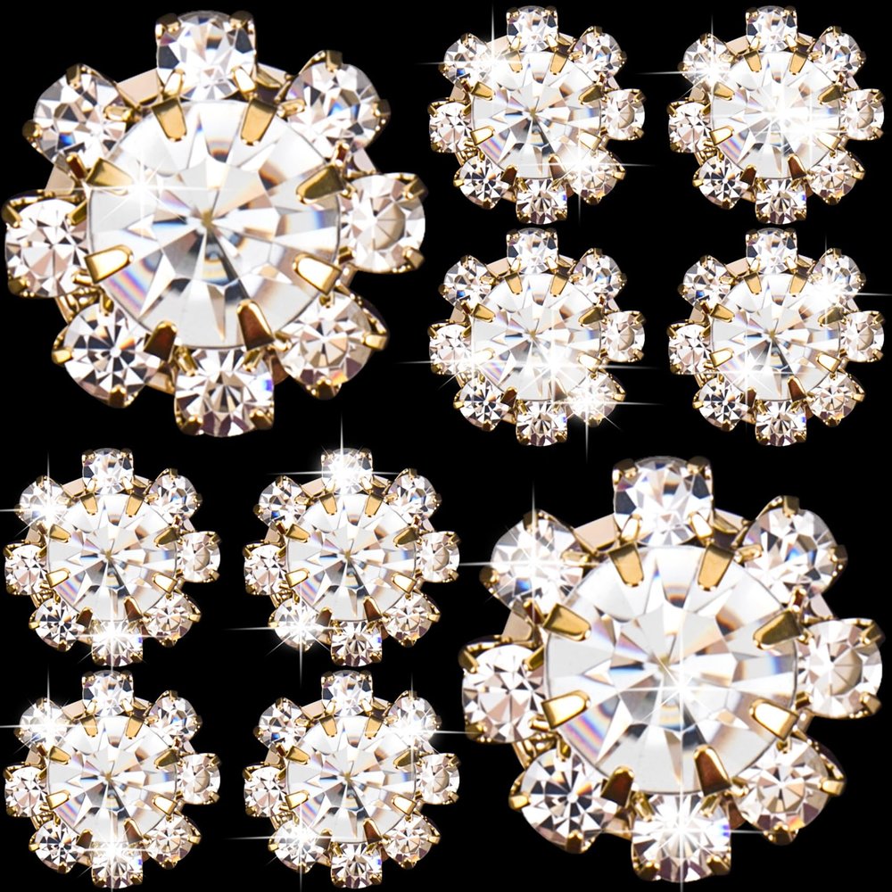Pndeyo 10pcs 0.4 Inch Rhinestone Buttons for DIY Craft, Flatback Wedding Crystal Embellishments, Flower Decorative Button Accessories for Jewelry Making Clothes Bags Shoes Bouquet Decoration- Gold