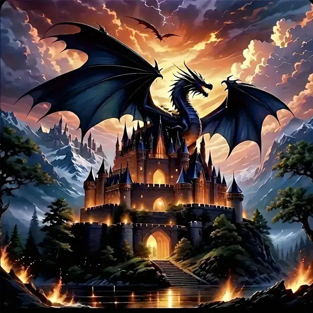 Dragon Stamped Cross Stitch Kits for Beginners Adults, Castle Dimensions Needlepoint Art Crafts,Counted Cross Stitch Kits Embroidery Kits for Beginners Adults for Home Decor 13.8X13.8inch