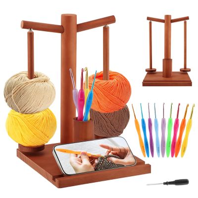 Wooden Yarn Holder for Crocheting and Knitting,Magnetic Rotating Yarn Spinner with 2 Spindles and 9 Crochet Hooks,Yarn Ball Holder Perfec-t for Crocheting and Knitting Lovers